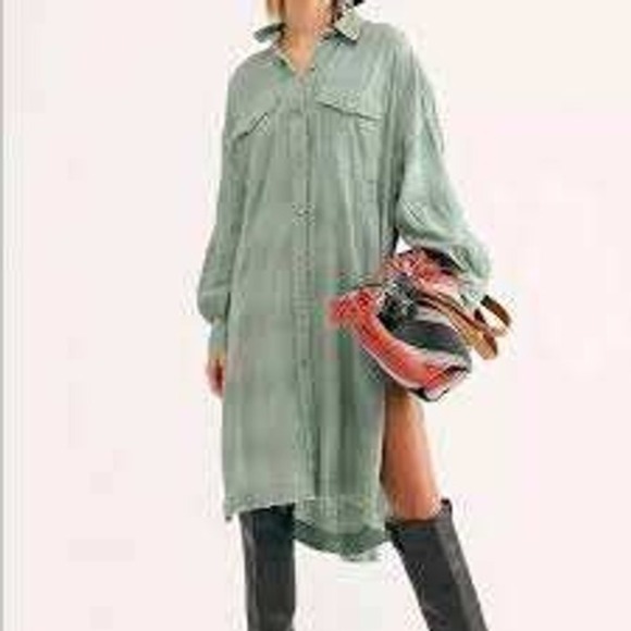 Free People Dresses & Skirts - Free People We The Free Green Button Down Shirt Dress Raw Hem Pockets Medium
